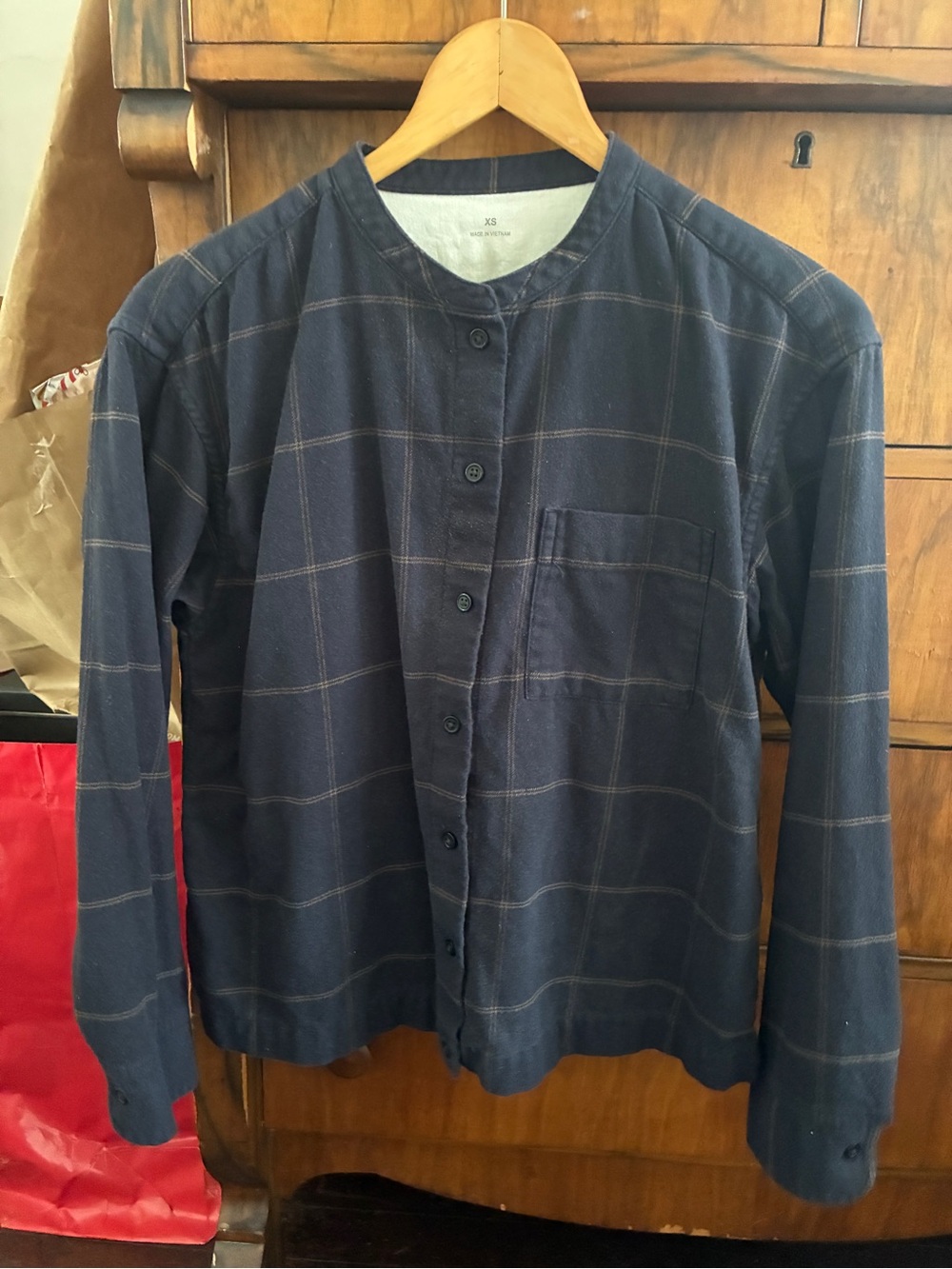 Muji Women's Navy Check Button-Down Cotton Flannel Shirt XS fits like a Small
